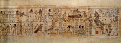 Starověký egyptský mytologický papyrus Serimen. Nahoře: Serimen miluje boha Osirise reprezentovaného svým emblémem ve městě Abydos. Duše mrtvého v podobě ptáka letí nad jeho mumií, kterou sledují bohyně Isis (vlevo) a Nephtys (vpravo od School Egyptian