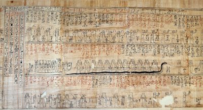 Egyptský starověk: Papyrus přebírá z Knihy tajných domovů. Tato kniha je komentovanou reprezentací podzemní cesty slunce během dvanácti hodin noci. Nejprve kreslí na stěnách královských svazků, poté bylo přepsáno dál od School Egyptian