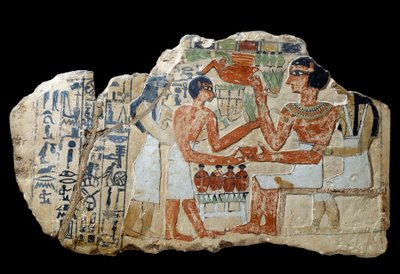 Egyptský starověk: Iri stéla ve vápenci. Pár, který nabízí nabídku. První meziobdobí (2200-2033 př. n. l.) Ne. 0,3x0,52 m Paříž, musee du Louvre od School Egyptian
