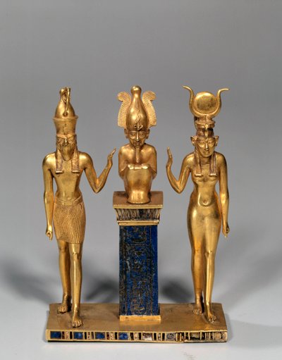 Egyptský starověk: Osiriánská triáda ve jménu Osorkona (Osiris obklopuje Isis a Hor. Zlatý přívěsek a lapis lazuli (lapis lazuli). 22. dynastie, nízké období. Paříž, muzeum Louvre od School Egyptian