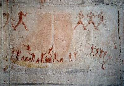 Egyptský starověk: plachetnice. Vápencový reliéf z kaple Mastaba of Akhethetep v Sakkáře. 5. dynastie (kolem 2500-2350 př. Kr.) 2300 př. Kr. Paříž, muzeum Louvre od School Egyptian