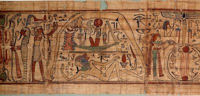 Egyptská starověká alegorie kosmu: mytologický papyrus Neskapashouty, účetní písař zrn reprezentujících kosmogonii, s Gebem, Noutem, Nephtysem, Osirisem. 1070-664 před naším letopočtem. 21. dynastie. Slunce 2,7x0,27 m Paříž, musee du Louvre od School Egyptian