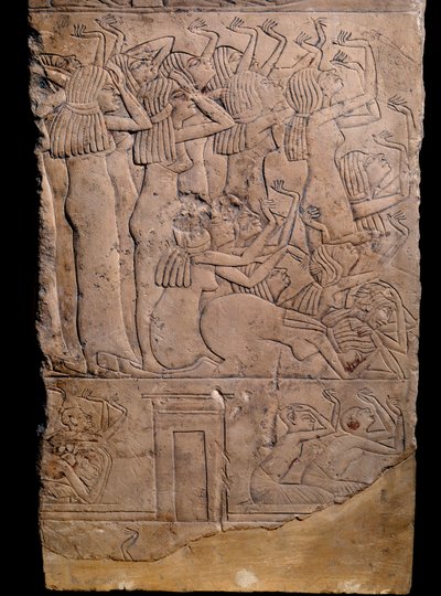 Egyptský starověk: memfitská hrobka od Horemhebu po Sakkáru (Sakkarah nebo Sakkára), reliéf: pláč na pohřbu Horemhebu. 18. dynastie (cca 1550-1295 př.n.l.) od School Egyptian