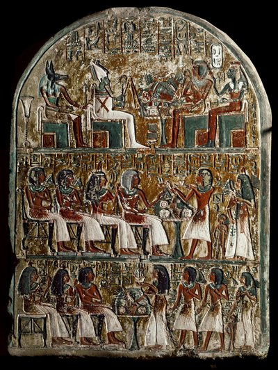 Egyptský starověk: stéla Irynefer, na vrcholu bohové Osiris a Anubis stojící před Amenophisem I. a Ahmes Nefertari divinises; v centru Irynefer jeho manželka Mehytkhaty a jejich dcera Hathor přinášejí pohřební oběť svým rodičům, v dolní části dospělého Hat od School Egyptian