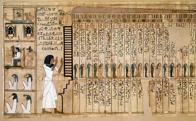 Egyptská antiquitis: fragment Knihy mrtvých, papyrus z Nebqedu. Detail znázorňující příchod zesnulého v zápětí. 18. dynastie. 1400-1350 před naším letopočtem. Paříž, Musee du Louvre - Starověký Egypt: fragment Knihy mrtvých, Papyrus Ne od School Egyptian