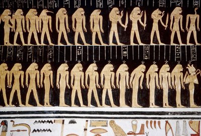 Luxor, Théby: Údolí králů, kresba boha a bohyně na vnitřní stěně chrámu. od School Egyptian