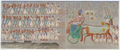 Théby, Medynet-Abu: barevný basreliéf, vytesaný v jižní galerii peristylu paláce – v „“egyptských starožitnostech“, T.II. od School Egyptian