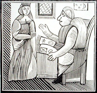 Žena hledá radu od věštce, kopie ilustrace z „Historie Matek Západu“, ze sbírky esoterických knih 14.–17. století (dřevořez) od School English