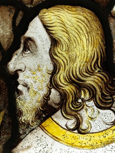 Zachovalá část z Velkého východního okna v York Minster: „Starší uctívají Boha“ (vitráže) od School English
