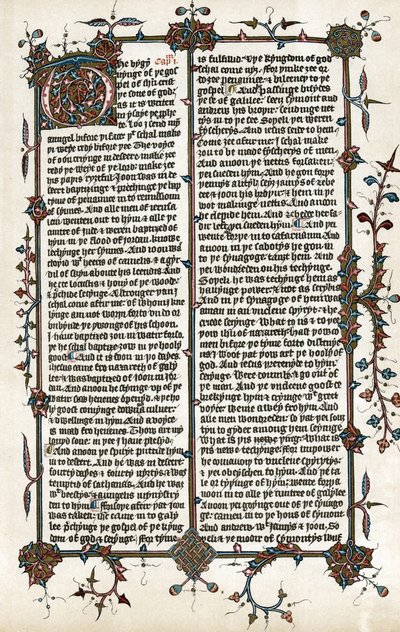 Kopie stránky z evangelia svatého Marka, Viklefova překladu Bible do angličtiny z roku 1400 (tisk) od School English