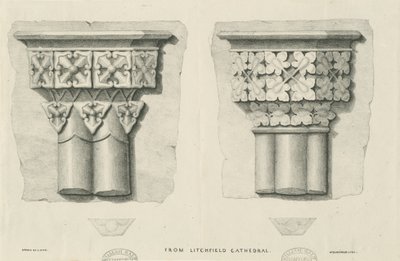 Interiér katedrály Lichfield - vyřezávané listy: litografie a [? 19. století] (tisk) od School English