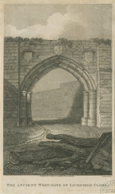 Lichfield - Ancient West Gate of The Close: rytina, nd [c 1805] (tisk) od School English