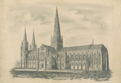 Lichfield Cathedral - South East View: rytina a [? 19. století] (tisk) od School English