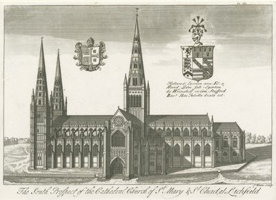 Katedrála Lichfield - South View: rytina a [? počátku 18. století] (tisk) od School English