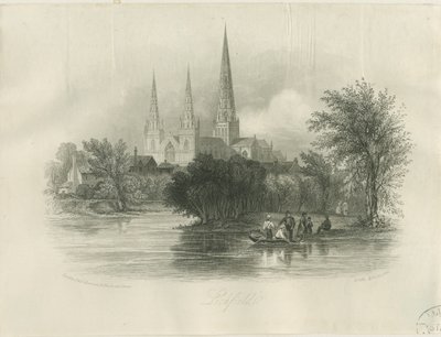 Katedrála Lichfield - South West View: rytina (vinětace), nd [c 1842] (tisk) od School English