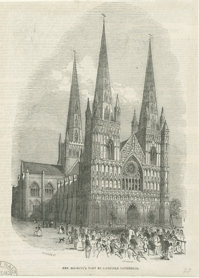 Katedrála Lichfield – západní fronta: dřevoryt, nd [1843] (tisk) od School English
