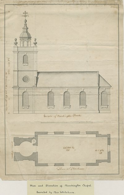 Marchington Church - Vnější pohled a plán interiéru: kresba perem, nd [?polovina 18. století] (kresba) od School English