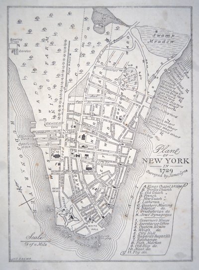 Plán New Yorku v roce 1729 (litho) od School English