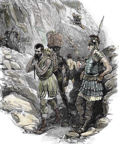 Římský legionář dohlíží na anglosaské dělníky v cínových dolech, Anglie 50 n. l. (tisk) od School English