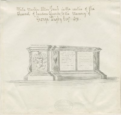 Kostel Sandon – Hrob George Digbyho: sépiová lavírovaná kresba, nd [18. století] (kresba) od School English