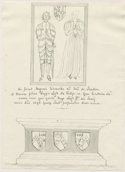 Kostel Sandon – Hrob Hugha Erdeswicka a Marie [Legh]: pero a lavírovaná kresba, nd [~18. století] (kresba) od School English