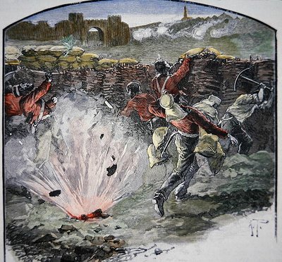 Britské pozice pod dělostřelbou z města během obléhání Dillí od School English