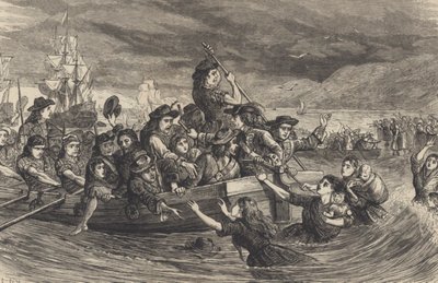 Divoké husy – jakobitští irští vojáci odcházejí z Limericku do Francie v roce 1691 (rytina) od School English