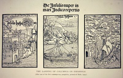 Přistání Kolumba na Espaniole po současné brožuře vydané v Basileji v roce 1494 (litho) od School English