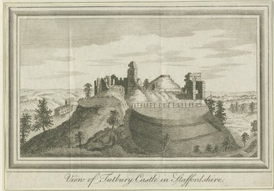Hrad Tutbury - East View: rytina, nd [1731] (tisk) od School English
