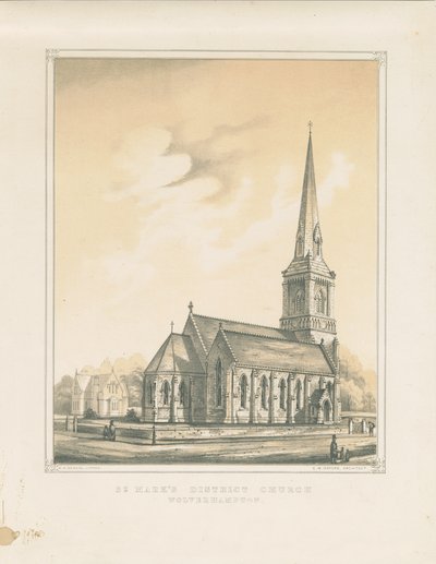 Wolverhampton - Kostel sv. Marka: tónovaná litografie, nd [?polovina 19. století] (tisk) od School English