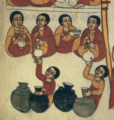 Pitná scéna, ze „Zázraků Panny Marie“ (vellum) od School Ethiopian