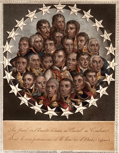 A Heros by Victory - Dny poctivosti v Radě, v boji - jsou skutečným dědictvím a dobrem státu. (Gressets) - 1. marengo. dessaix. 2. montebello. lannes. 3. austerlitz. rapp. 4. eckmuel. davoust. 5. florus. jourdan. 6. wagram. kotviště od School French