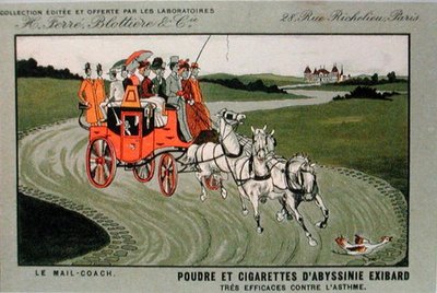 Reklama na značku cigaret, Exibard, zobrazující poštovního trenéra a uvádějící, že tabák a cigarety jsou účinné proti astmatu (color litho) od School French