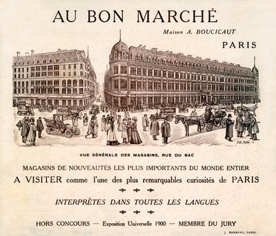 Reklama na "Au Bon Marche" na Rue du Bad, Paříž (print) od School French