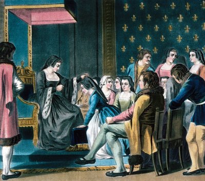 Anne de Bretagne předává „Ordre de la Cordeliere“ čekající dámě (barevná rytina) od School French