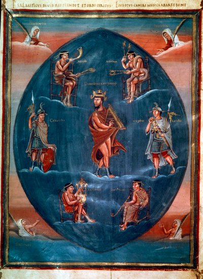 David hrající na harfu, obklopený čtyřmi hudebníky, dvěma strážci a čtyřmi hlavními ctnostmi. Miniatura v „“První bibli od Charlese Baldého, známé také jako Bible Vivian““ (Folio 215v). Anonymní, Francie, Tours (Saint-Martin). BN, Paříž od School French
