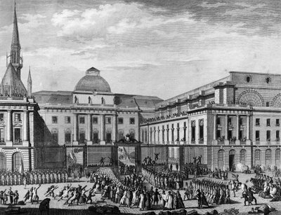 Francouzská revoluce: Pařížská radnice, parlament v listopadu 1790 na ostrově města, kterému předsedal Jean Baptiste Gaspard Bochart de Saron (1730-1794). Paříž, knihovna Ústavu dějin revoluce od School French