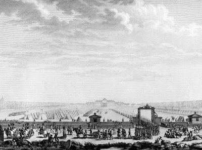 Francouzská revoluce: vojenské jednotky na březnovém poli odjíždějí 12. července 1789 na Place Louis XV Paříž, Knihovna Ústavu dějin revoluce od School French