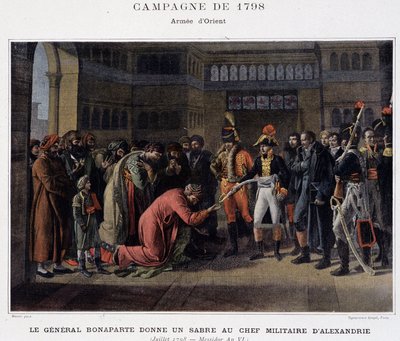 Generál Bonaparte dává meč vojenskému vůdci Alexandrie - v „“ Victoires et Conquêtes des Armees Francaises“, Paříž, n.d. od School French