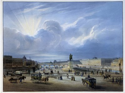 Celkový pohled na Louvre se sochou Jindřicha IV od School French