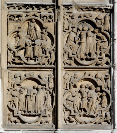 Gotické umění: výukové scény. Detail jižního portálu Cathedrale Notre Dame (Notre-Dame) v Paříži od School French