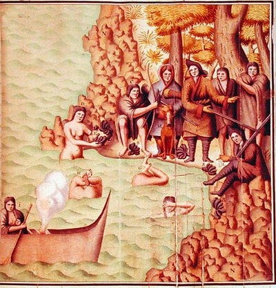Indiáni z Magellanského průlivu s francouzskými průzkumníky, ilustrace z „Voyage de Gouin de Beauchesne“ od School French