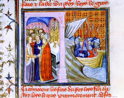 Sňatek Eleonory Akvitánské a Ludvíka VII. Francouzského (1137) vlevo a odjezd na druhou křížovou výpravu 1147-1149, z "Chronique de St Denis" (pergamen) od School French