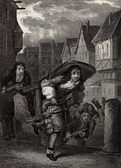 “” Monsieur de Pourceaugnac””” Rytina z “” děl” od anglického autora Moliere - Scéna ze hry “” Monsieur de Pourceaugnac”” od Jean-Baptiste Poquelin dit Moliere (Jean Baptiste Poquelin od School French