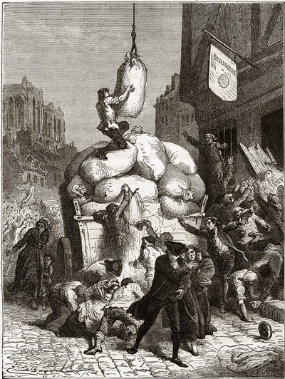 The War of Flours: Drancování pekáren v Paříži, kolem roku 1775 (první plody francouzské revoluce) od School French