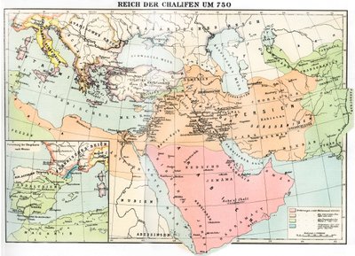 Mapa chalífátské říše v roce 750 z knihy "Weltgeschichte" Julia von Pflugk-Harttunga od School German