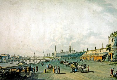 Moskva, pohled na Kreml a nábřeží Moskvy (rytina s akvarelem) od School German