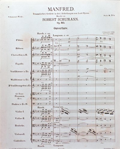 Noty k zahájení "Manfred" (opus 115) od německého skladatele Roberta Schumanna (tisk) od School German