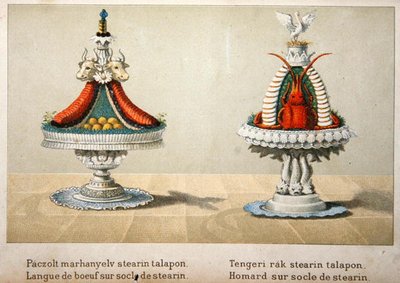 Design pro prezentaci volského jazyka na stearinovém lůžku a pro humra, ilustrace z maďarské kuchařské knihy o francouzské kuchyni, kolem roku 1880 (barva litho) od School Hungarian