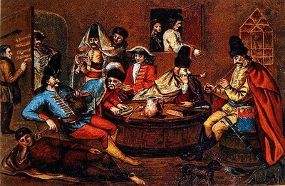 Rebelští vojáci prince Ference Rákocziho II odpočívající se společníky (barevné lito) (podle maďarského obrazu ze 17. století) od School Hungarian